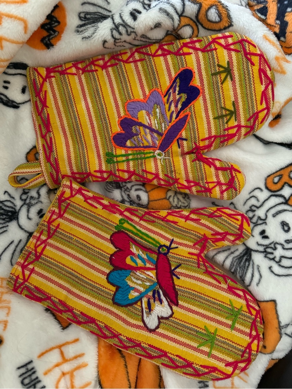 Embroidered Yellow Striped Butterfly Oven Mitts - Bright Floral Design
